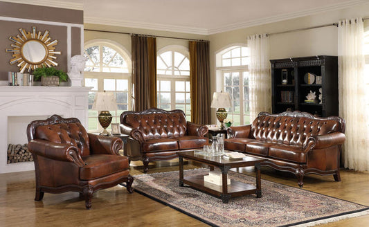 Victoria Brown Upholstered Tufted TOP GRAIN LEATHER Living Room Set 50068