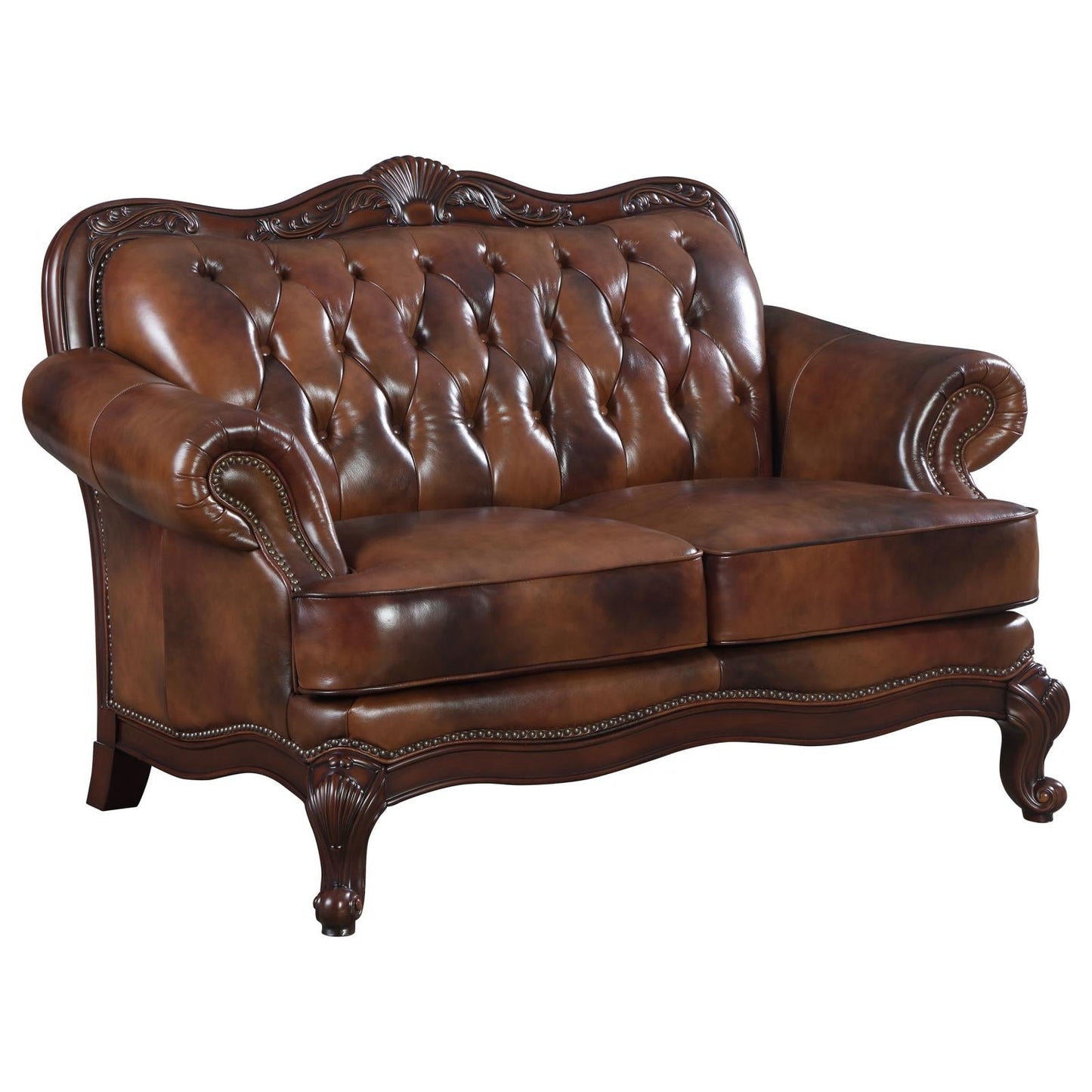 Victoria Brown Upholstered Tufted TOP GRAIN LEATHER Living Room Set 50068 981-03