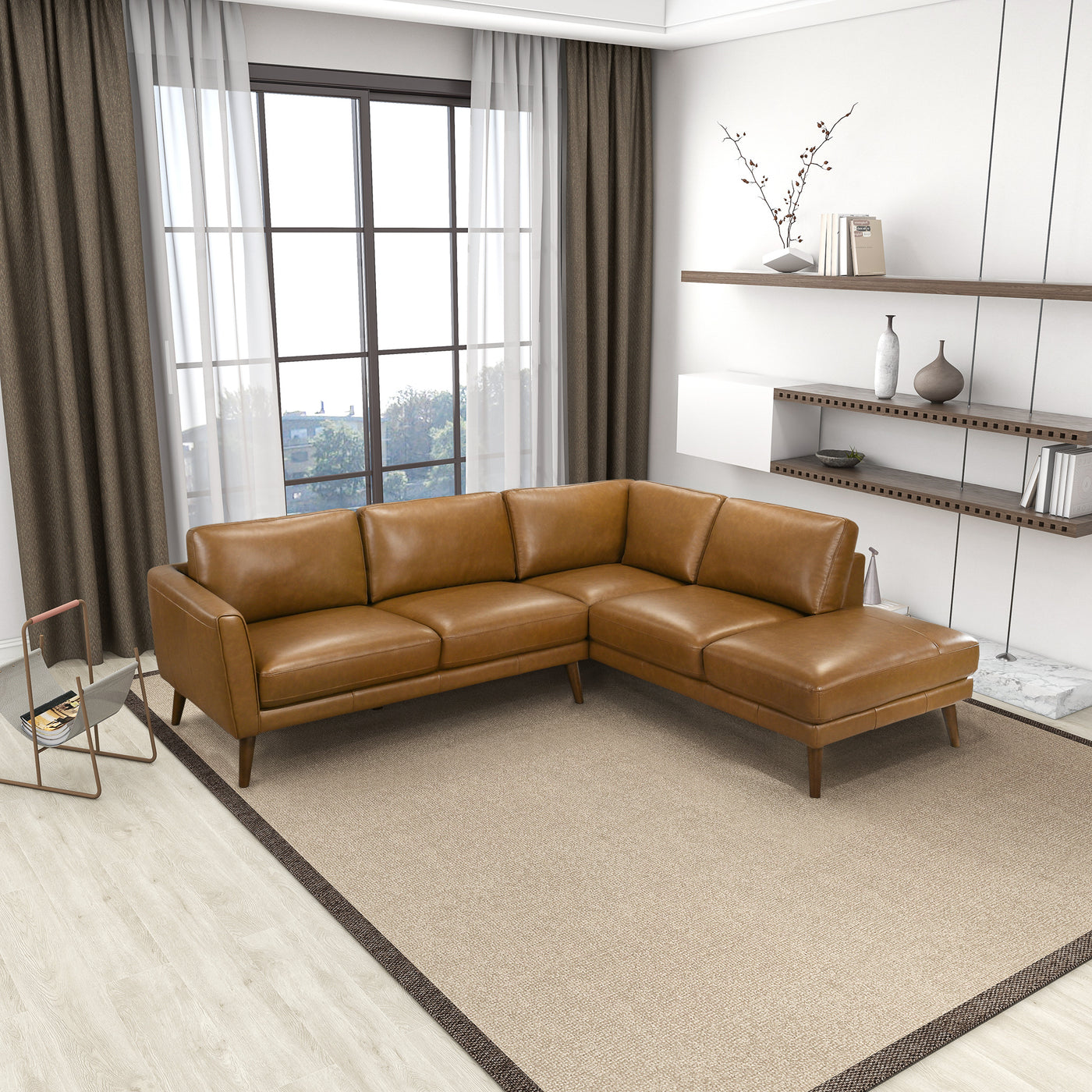 Benson 98" Tan Leather Sectional Sofa Right Facing Chaise