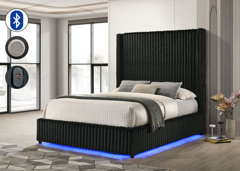 Melinda Black Corduroy Fabric LED/BLUETOOTH SPEAKERS Bedroom Set  B3001