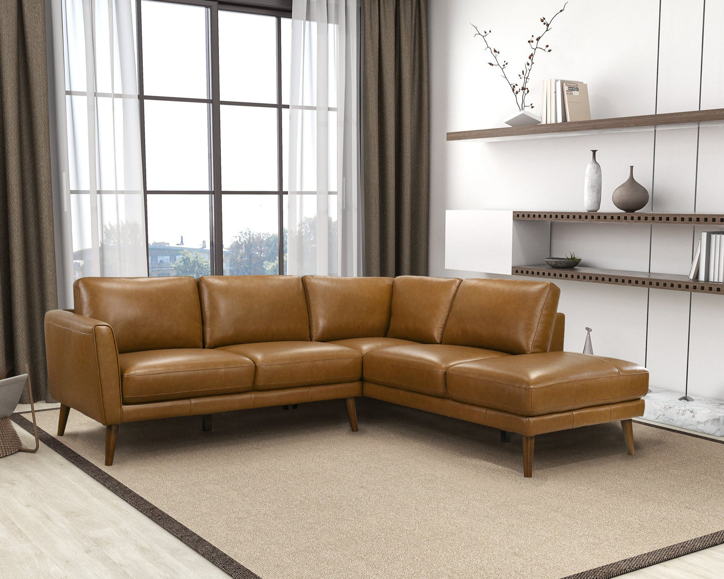Benson 98" Tan Leather Sectional Sofa Right Facing Chaise