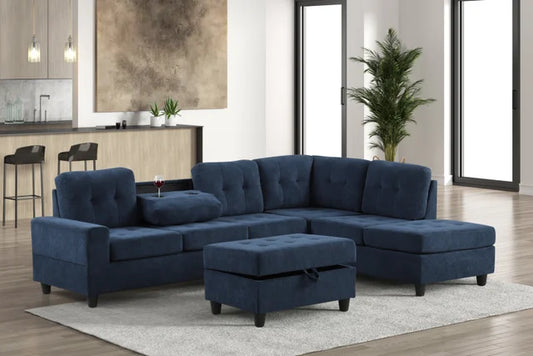 Heights44 Navy Velvet Reversible Sectional with Storage Ottoman
