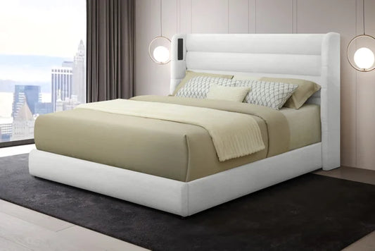Hero White Boucle King BLUETOOTH SPEAKERS Platform Bed
