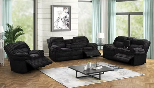 Mellow Black Thick Stripe Fabric 3pc Reclining Set S3939