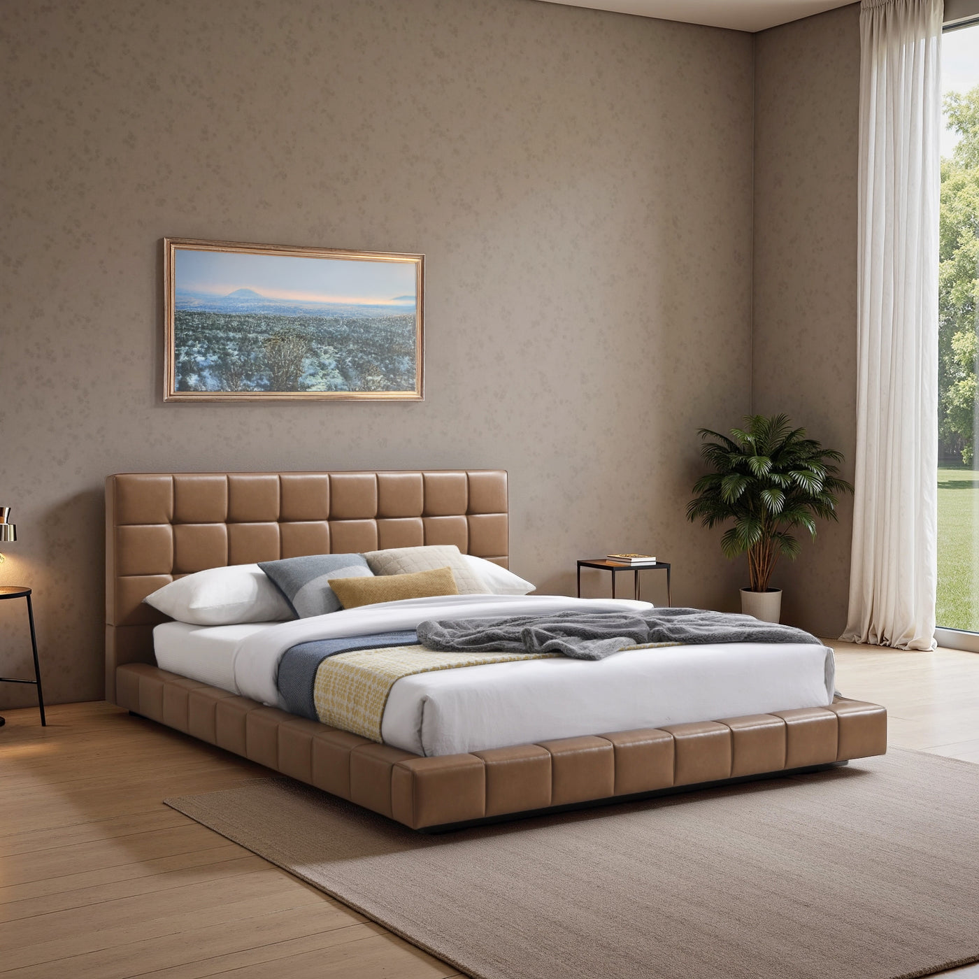 Hudson Tan Vegan Leather Upholstered King Platform Bed