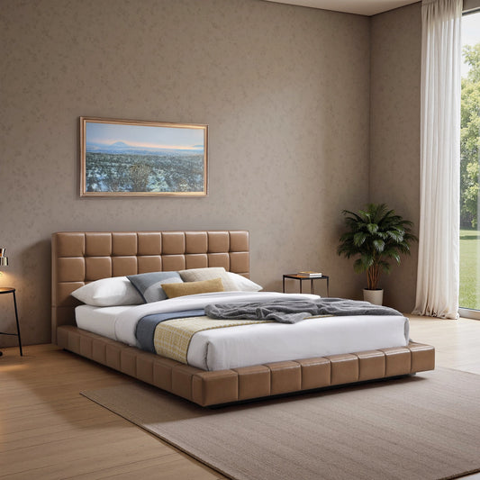 Hudson Tan Vegan Leather Upholstered King Platform Bed