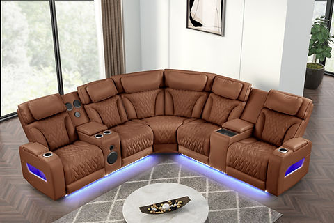 Skyline Caramel POWER/LED/BLUETOOTH SPEAKERS Reclining Sectional (Power Headrests)