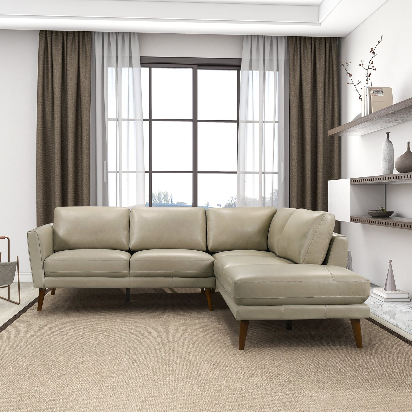 Benson 98" Beige Leather Sectional Sofa Right Facing Chaise