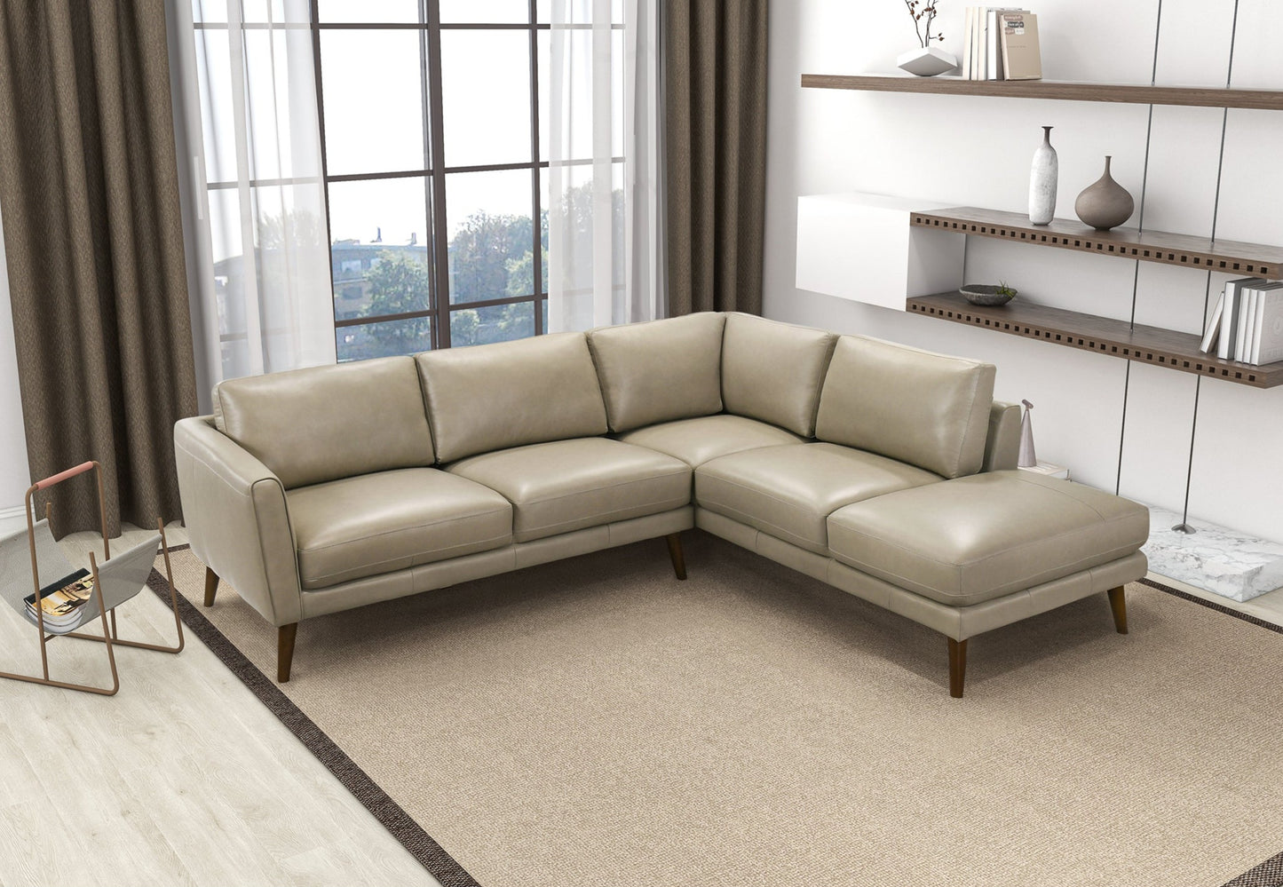 Benson 98" Beige Leather Sectional Sofa Right Facing Chaise