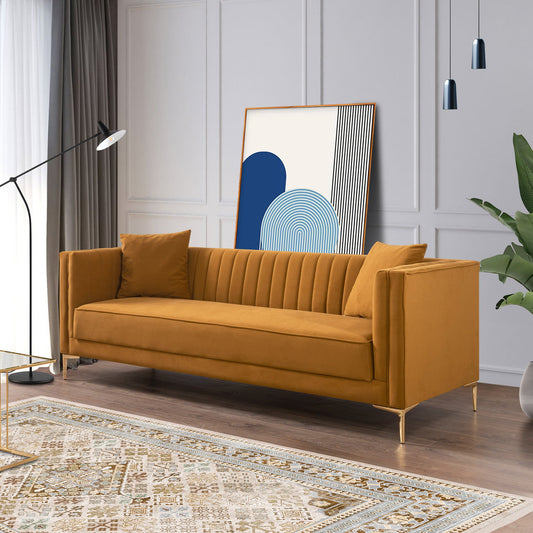 Angelina 84" Cognac Velvet Channel Tufted Sofa