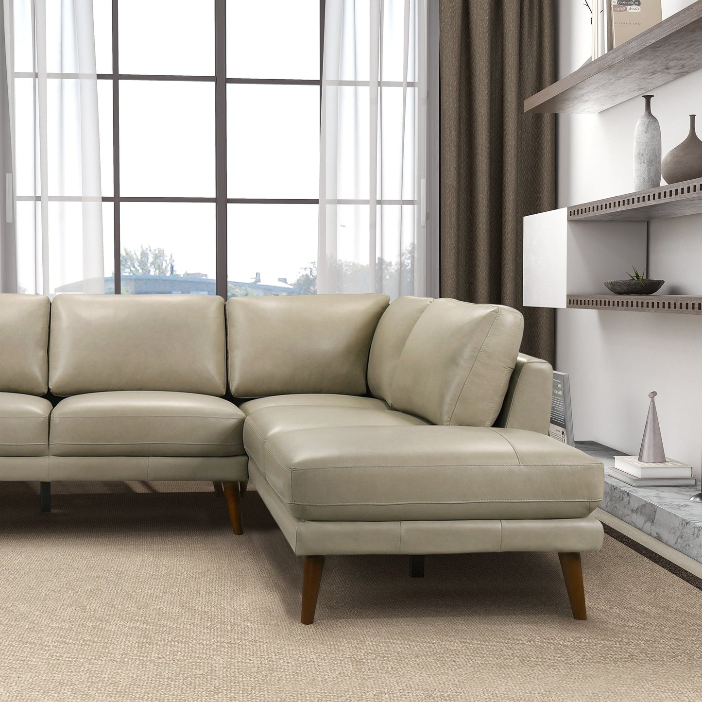 Benson 98" Beige Leather Sectional Sofa Right Facing Chaise