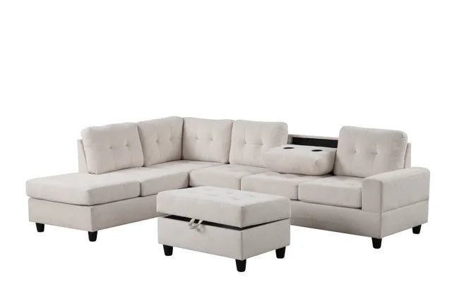 Heights45 Beige Fabric Reversible Sectional with Storage Ottoman