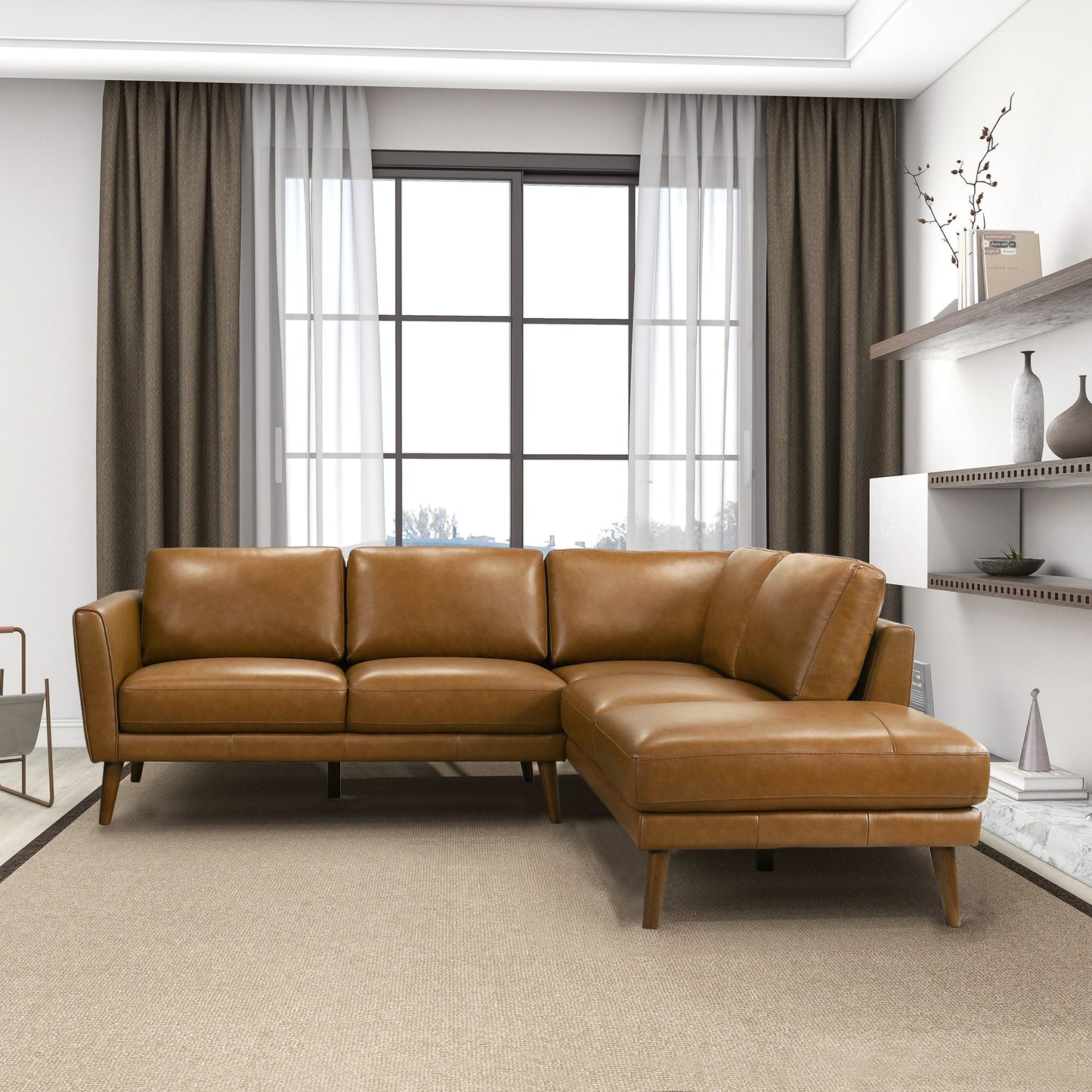 Benson 98" Tan Leather Sectional Sofa Right Facing Chaise