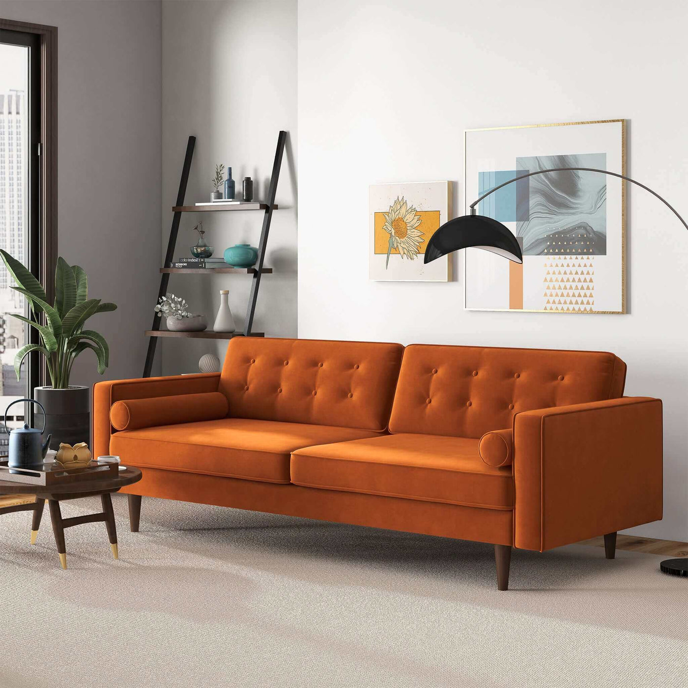 Casey 84" Mid-Century Modern Burnt Orange Velvet Sofa