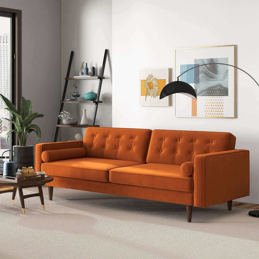 Casey 84" Mid-Century Modern Burnt Orange Velvet Sofa