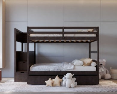 BB50 FULL/FULL Espresso Bunk Bed w/Twin Trundle + Staircase Storage