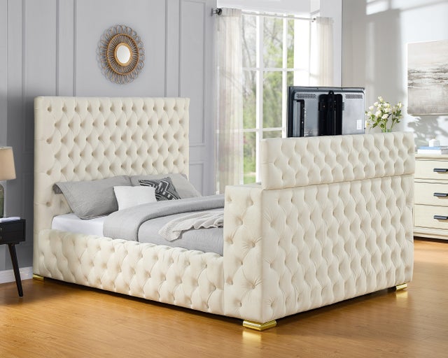 Future Beige Velvet FIREPLACE/BLUETOOTH SPEAKERS/TV STAND Queen Platform Bed