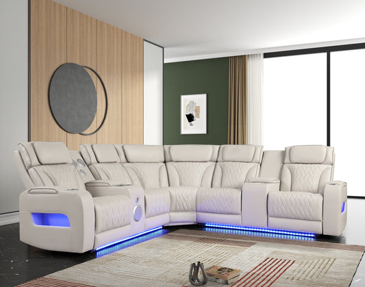 Spain Sand POWER/LED/BLUETOOTH SPEAKERS Reclining Sectional (Power Headrests)