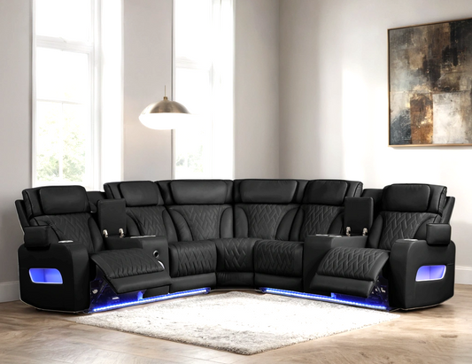 Spain Black POWER/LED/BLUETOOTH SPEAKERS Reclining Sectional (Power Headrests)