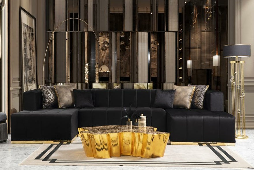 Elisha Black Velvet Double Chaise 140" Sectional