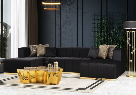 Elisha Black Velvet Double Chaise 140" Sectional