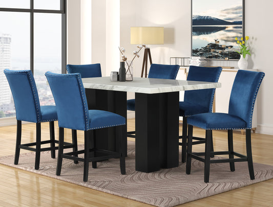 Blue Velvet  7pc Counter Height  Set 2220  (FAUX MARBLE) 