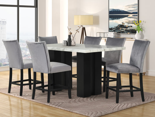 Grey Velvet  7pc Counter Height  Set 2220  (FAUX MARBLE) 