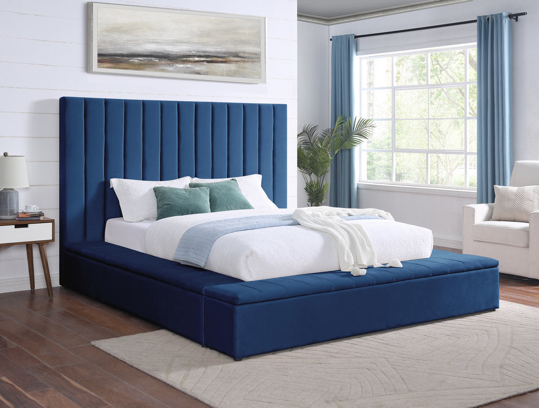 France Blue Velvet Queen Platform Bed