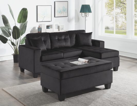 Naomi Reversible Black Velvet Sectional  with Ottoman